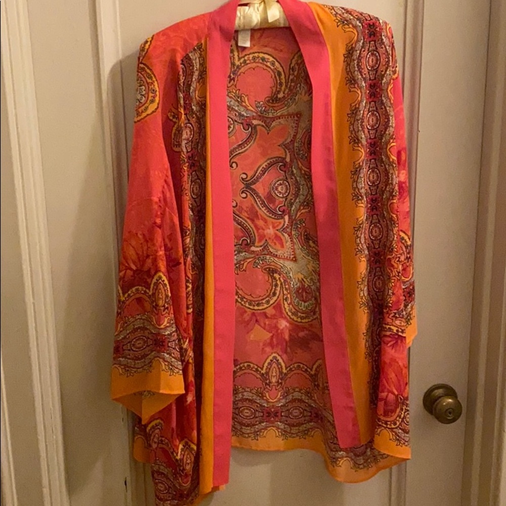 Orange and pink kimono style jacket.